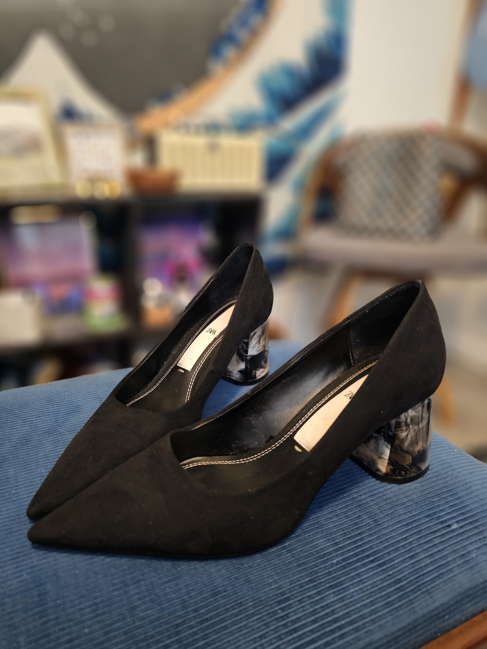 Zara Black Marbled Block Heel Pumps